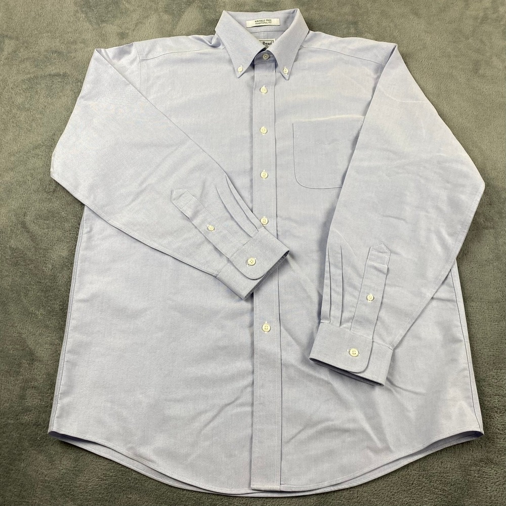 L.L. Bean Mens 15.5-33 Button Down Shirt Blue Wrinkle Free Traditional Fit